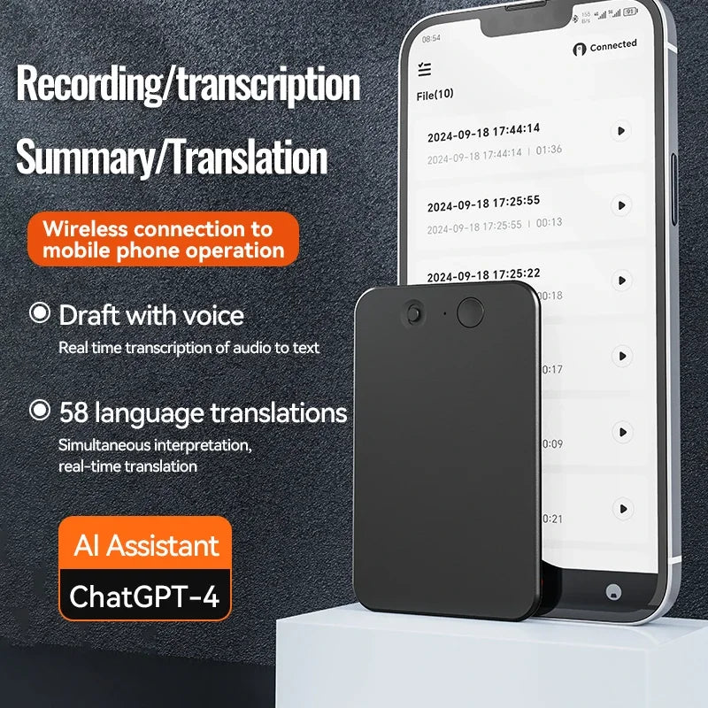 Grabadora llamada telefónica AI ChatGPT-4 App  activada por voz , transcripción dispositivo de traducción de idiomas Audio dictáfono